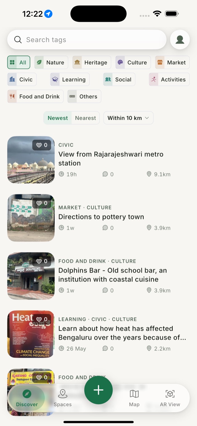LOKA Discover feed: tagged places nearby with category filters
